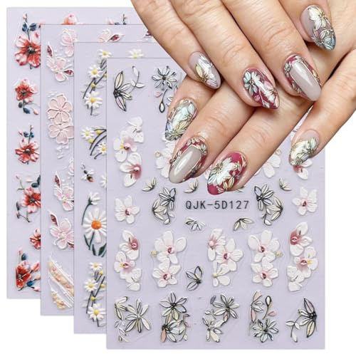 JMEOWIO 3D Nagelsticker Blumen Nail Art Sticker Selbstklebend Nagelaufkleber 5D Stereoskopisch Frühling Sommer Dekoration Nageldesign Zubehör 4 Blatt