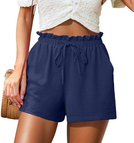 PrinStory Women's Summer Lightweight Elastic Waist Drawstring Shorts with Pockets for Holiday Beach