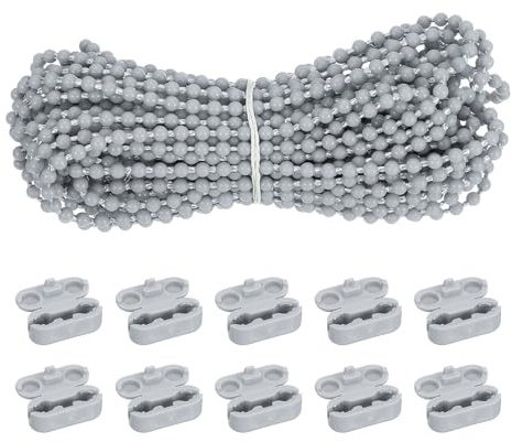 sourcing map Curtain Beaded Chain Cord, 10 Meter/10.9 Yards Roller Blind Bead Chain Cord Plastic Beaded Pull String with 10 Blind Chain Connectors for Roller Blind Replacement Part, Grey