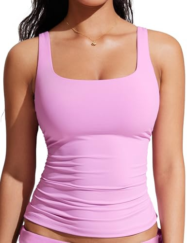 CRZ YOGA Square Neck Tankini Tops for Women - Padded Ruched Tummy Control Bathing Suits Adjustable Swim Tank Only Vita Pink Medium