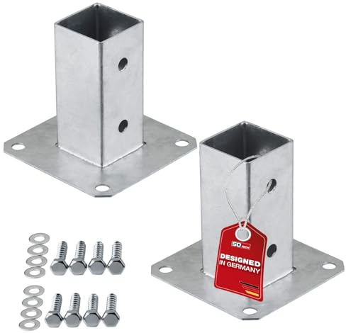 SOTECH SET de 2 ancres à visser carrées 50 x 50 mm, hauteur 122 mm, acier galvanisé à chaud, support de poteau pour bois carré - optimal pour une utilisation en extérieur