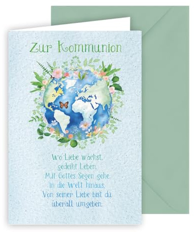 KE - Stilvolle Karte zur Kommunion, Glückwunschkarte, mit Umschlag, eucalyptus, Motiv: Welt, Schmetterlinge, Blumen, Format: B6
