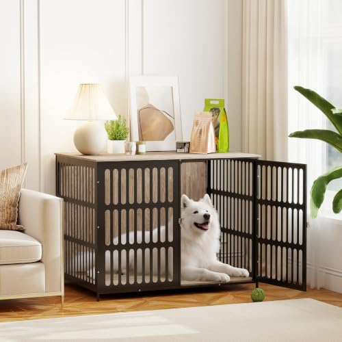 PawHut Dog Crate Furniture for Extra Large Pets 118x80x92 cm Walnut Brown | Dog Cage Side End Table Indoor, Anti-Chew Resistant Mesh, Anti-Escape Door