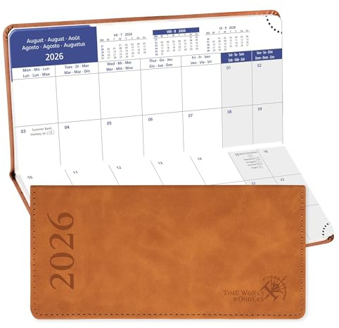 POPRUN Kalender 2026 Monatsplaner 17,4 x 8,3 cm - 12 Monate Monatskalender Softcover (Jan 2026 - Dez 2026) - 1 Monat 2 Seiten, 64 Seiten, 80 GSM Papier mit PU-Leder - Braun