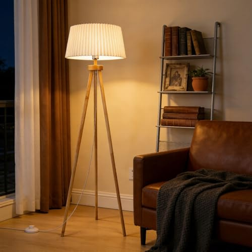 Aigostar Stehlampe Dreifuß E27 Vintage aus Massivholz für Wohnzimmer, Gefalteter Leinen-Schirm in Weiß, 180 cm Kabel mit Fußschalter, Ohne Glühbirne, Skandinavischer Stil