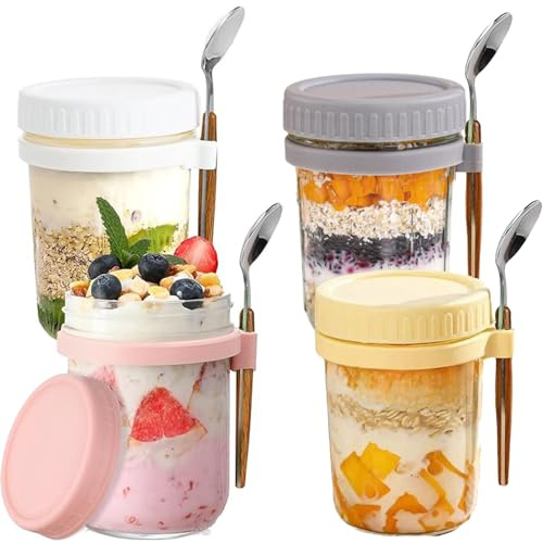 UQMIQURA Overnight Oats - 4 bicchieri con cucchiaio e coperchio, 350 ml, in vetro, per cereali, frutta, yogurt