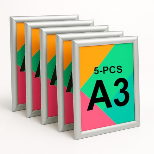 Aluanz Marco Abatible A3 Plateado - Set de 5 - Perfil para Pósters, Marco de Cambio Rápido con Lámina Antirreflectante, Marco de Pared Vertical y Horizontal - 420 x 297 mm