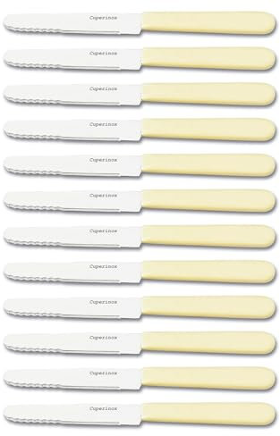 Cuchillos Mesa, cuchillo carne, cuchillo mantequilla, Set 12 piezas, acero inoxidable, hoja con filo y sierra, cuchillo untar. Apto lavavajillas. Mango ergonomico