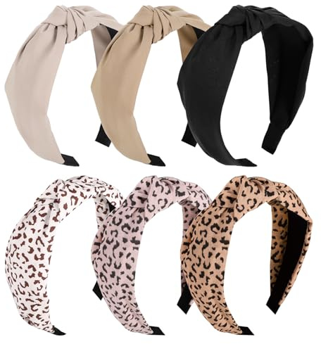 6 Stück Haarreifen Damen, Verknotet Stirnband, Leopardenmuster | Rutschfest Haarreifen für Frauen Mädchen,Polyester + Kunststoff, 18 x 15 cm, 6 Farben, Für Alltag, Party Und Reisen