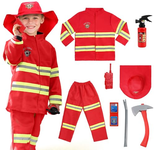 AYBUY Brandmanskostym för barn, brandmansdräkt innehåller 8 tillbehör, brandman kostym tillbehör för barn perfekt för halloween eller karneval, rollspel, 130 cm
