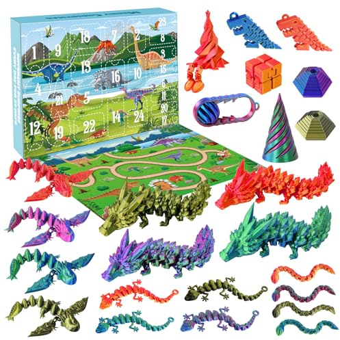 AHIKY Calendario Adviento Kinder 2025, Impresión 3D Calendario Adviento Niños, 24 Cuadrículas Regalos Navidad Juguetes Chicos Niñas, Dinosaurios Dragón Fidget Toys Infinite Cube Infantil 1-12 Años