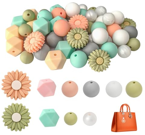 56 Pièces Perles Silicone Ronde, Multicolore Perles en Silicone Fleur Marguerite 12mm 14mm 15mm 22mm pour Fabrication de Bijoux DIY Bracelets Porte Clés Cadeaux Créatifs Chaîne de Tétine