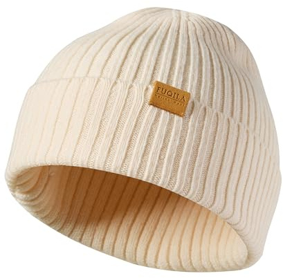 FUQILA 100% Superfeine MerinoWolle Mütze, Klassische Wollmütze, Thermo Beanie, Warme Wintermütze für Damen & Herren (DE/NL/SE/PL, Alphanumerisch, Einheitsgröße, 61, Beige)
