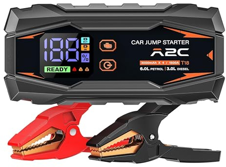 A2C Car jump starter, 12V jump starter power pack (up to 6.0L Gas Or 3.0L Diesel), 16800mAh Portable charger (PD/QC 3.0) with 3 USB C, Car battery charger with Jump Leads, LED Display and Light