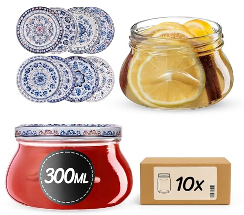 KADAX 10er Set Marmeladengläser 300ml TO82 Blau/Weiß, Einmachgläser Vorratsgläser Mason Jar mit Schraubdeckel, Luftdichte Schraubgläser, Honig & Konfitüre