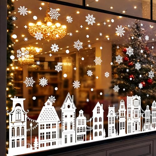 Pegatinas Navidad Ventanas Cristal, QXRXN 9 Hojas Pegatinas Ventana Adornos Navideñas Vinilo Blanco Copo de Nieve Casa para Cristales Puerta Escaparate Decoracion Navidad Hogar