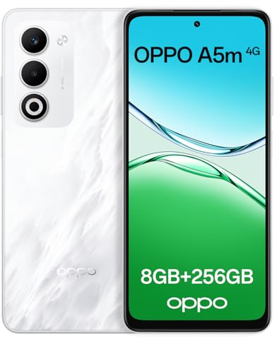 OPPO A5m 4G 8Go RAM + 256Go ROM, Smartphone débloqué avec IA, écran 6,67 Pouces 90 Hz, Appareil Photo 50 MP AF, Batterie 6000 mAh, IP65, Mist White (Chargeur SUPERVOOC 45 W Inclus)