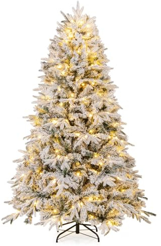 COSTWAY 4.5ft/6ft Pre-Lit Snow Flocked Christmas Tree, Hinged Artificial Xmas Tree with LED Lights, Branch Tips, Seasonal Decoration Tree for Holiday Party (180 cm)