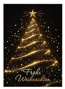 3 Weihnachtskarten (ohne Umschlag) – Klappkarten DIN A6 „Frohe Weihnachten“ mit Weihnachtsbaum Motiv Tannenbaum gold schwarz – Hochwertige Weihnachtsgrußkarten – Karten Set