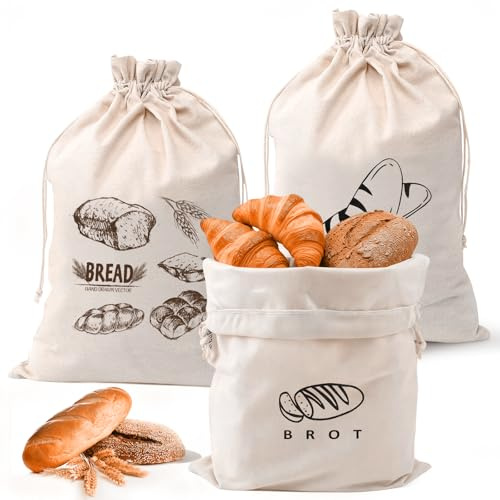 3 Stück Brotbeutel Leinen,Ungebleicht aufbewahrung frischhalten | Kordelzug Leinen Beutel für Brot Baguette,selbstgemachtes Brot undGemüsebeutel (40 x 30cm)