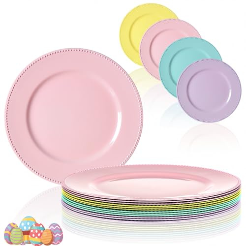 LemonRoad 12 Pcs Easter Charger Plates with Beaded Rim 13 Inch Pastel Plastic Dinnerware Plates for Easter Spring Home Table Party Supplies