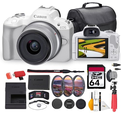 Canon EOS R50 Mirrorless Camera with 18-45mm Lens Bundle | 24.2MP APS-C Sensor, Dual Pixel CMOS AF II & 4K Video | Great for Beginners & Everyday Photography (5812C012) + 64GB Card + Bag + More
