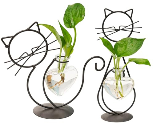 Vases de Propagation, Lot de 2 terrariums pour Plantes, Station Propagation décoration Chat Mignon avec vases en Forme cœur en Verre avec Cadre en Fer pour la Maison, Le Bureau, Le dortoi