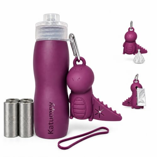 Set Bottiglia Lava Pipi Cane | Set da 7 Pezzi. Bottiglia in Silicone Pieghevole, Portatile E Antigoccia da 400 ml | Include Dispenser Per Sacchetti e 4 rotoli di sacchetti per cani | Viola