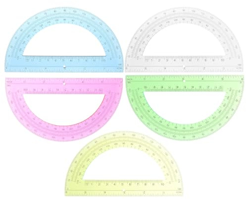 TINEASUR 5pcs 6-inch 180-degree Half Circle Protractor Set, Plastic Geometry Angle Measuring Tools for School Math Lessons, Includes Red Yellow Blue Green for Students