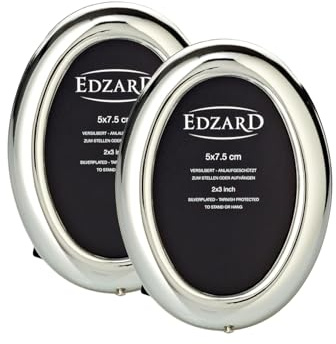EDZARD Mini marcos ovalado set de 2 (5x7 cm) bañados en plata antideslustre | Marcos plateados para fotos de 5x7 cm, trasera de terciopelo, de sobremesa, portarretratos, portafotos