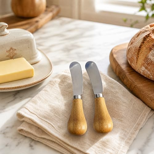 Maslasee Buttermesser, 2er Set Edelstahl mit Holzgriff, Vertikales Design, für Butter Käse Marmelade, Frühstück
