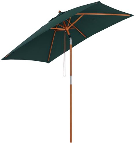 Outsunny 2m x 1.5m Garden Parasol Umbrella with Tilting Sunshade Canopy, Outdoor Market Table Umbrella with Wood and Bamboo Frame, Green