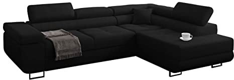 Miami Ecksofa Schlaffunktion, Eckcouch mit Bettkasten, Schlafsofa mit bettfunktion, L Form Couch, Ecksofa mit Bettkasten, Ottomane Rechts, 272 x 203 cm (Schwarz + Schwarzer Kunstleder -EKO)