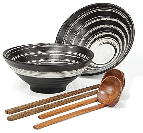 Noble Createaprototype Juego de 2 cuencos de ramen de cerámica - Tazones de fideos de porcelana para pasta, sopas, ensaladas, aperitivos, cereales con cucharas y palillos, 1000 ml