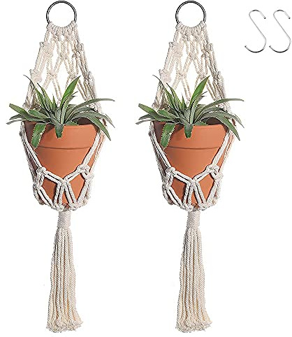 Colgadores bohemios de macramé para plantas, cestas colgantes de cuerda de cáñamo hechas a mano para plantas de interior con ganchos de techo, decoración bohemia para el hogar, arte de pared al aire
