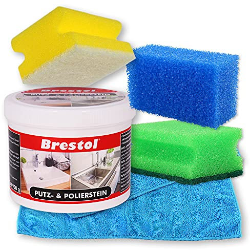PUTZ & POLIERSTEIN 900 g + accessoires Set 1 – Pâte de nettoyage universelle avec parfum d'agrumes laisse un effet déperlant dans la cuisine et la salle de bain – Nettoyant universel