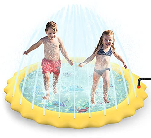 SOKA Large Round Sprinkle and Splash Water Play Mat Sprinkle Splash Pad Summer Spray Inflatable Water Toy for Kids Dogs Pets and Outdoor Garden Family Activities - Yellow