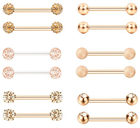 Cupimatch 6 Paar Zungenpiercing Nippel Barbells Brustwarzenpiercing Edelstahl Barbell Körper Piercing Schmuck Ringe Zirkonia Nipplerings 14 Gauge rosegold silber