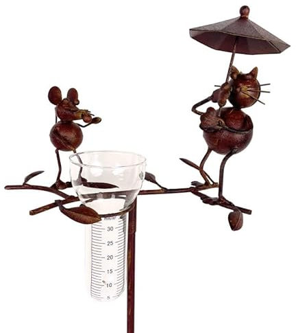 L'Héritier Du Temps Pluviomètre à Piquer Tuteur Plante Décoration de Jardin Motif Chat et Souris en Métal Patiné Marron et Tube en Verre 17x33x119cm