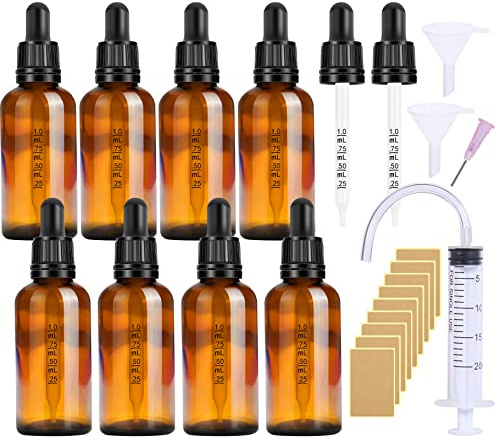 8Stk Pipetten Glas Pipettenflasche 50ml Apothekerflasche Set- Kleine Braunglas Liquid Flaschen mit pipette Tropfflaschen Glasflaschen mit Schwarzer Pipettenkappe Inklusive 5 Stk Hilfszubehör