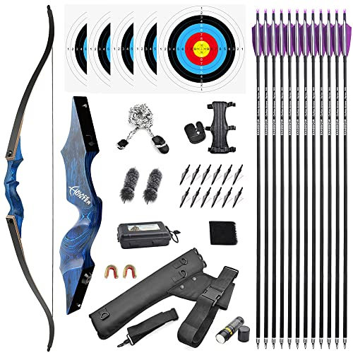 SHARROW 60 Bogenschießen Takedown Recurve Bogen und Pfeile Set Traditioneller Jagdbogen Erwachsener Holz Bogen 20-60lbs Rechtshänder und Linkshänder (20lbs, Rechte Hand: Blau 2)