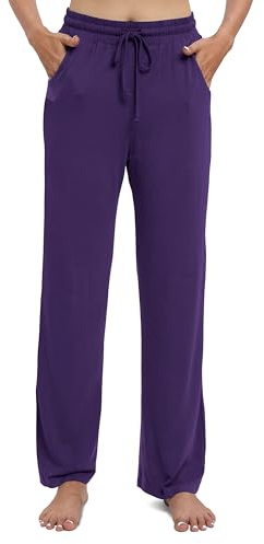 EXCHIC Mujeres Casual Piernas Rectas Largo Pantalones de Cuerda Cintura Elástica Yoga Pantalones con Bolsillo(XL, Morado)