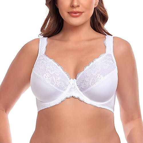 Ayigedu Women's Lace Underwire Minimizer Bra Plus Size Non Padded Comfort Cushion Strap 34-DD White