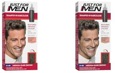 Just For Men Original Formula Medium-Dark Brown Hair Dye, Targets Only The Grey Hairs, Restoring The Original Colour For a Natural Look – H40 (Pack of 2)
