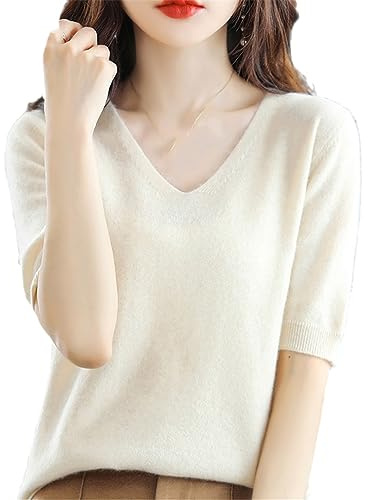 Sommer Damen Kaschmirpullover Kurzarm Pullover Mit V-Ausschnitt Lässiger Solider Kurzarmpullover Frühling Beige XL