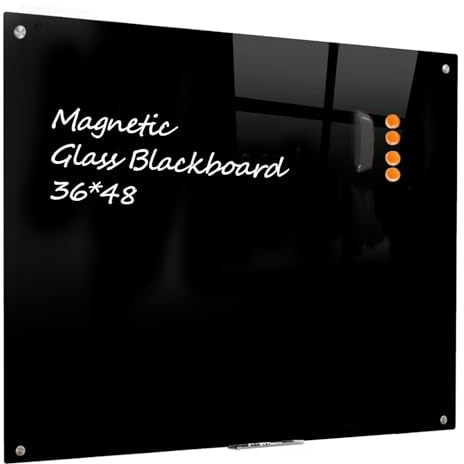 Glass Black Board Magnetic Dry Erase Board - Black Board 48 x 36 Inches Wall Mounted Glass Blackboard, Large Frameless Glass Black Board for Wall Office, Home & School