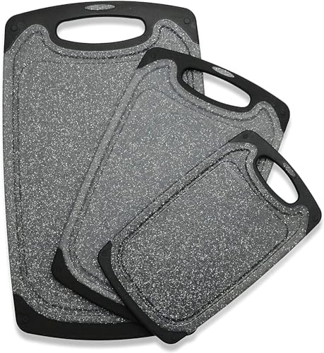 Juego de 3 tablas de cortar de plástico para cocina, con patas antideslizantes, ranuras para jugo, mango de fácil agarre, sin BPA, no porosas, aptas para lavavajillas, varios tamaños (negro, función