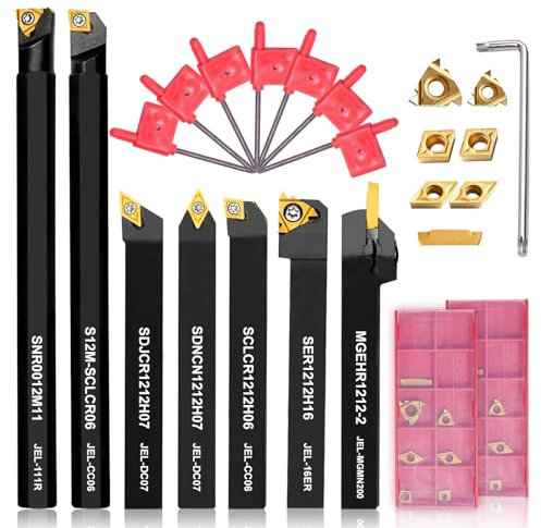 Carbide Lathe Turning Tool Set, 12mm Shank 7Pcs Metal Lathe Tools for Grooving, Threading, and Woodturning - Includes 2 Box Carbide Inserts (12mm)