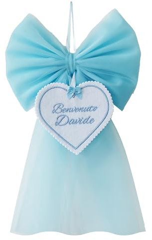 Fiocco nascita ricamato personalizzabile con nome e frase, in tulle rosa e azzurro bimbo bimba (Bimbo)