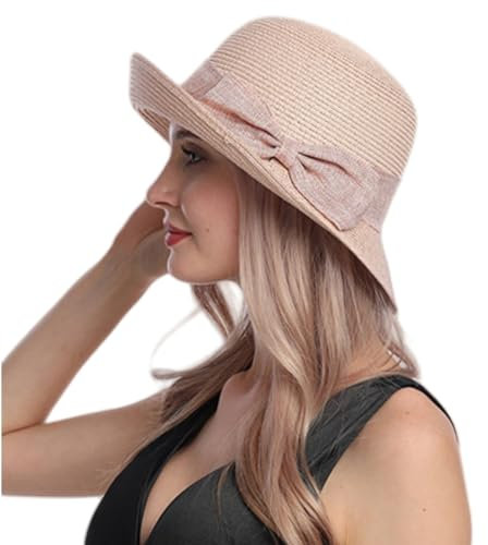 Generisch Strohhut Damen Fedora Trilby Hüte Sommerhut Sonnenhut Faltbarer Panama Hut Sonnenschutz Sommerhut Verstellbare Strohhut (DE/NL/SE/PL, Alphanumerisch, Einheitsgröße, Hell-Pink)